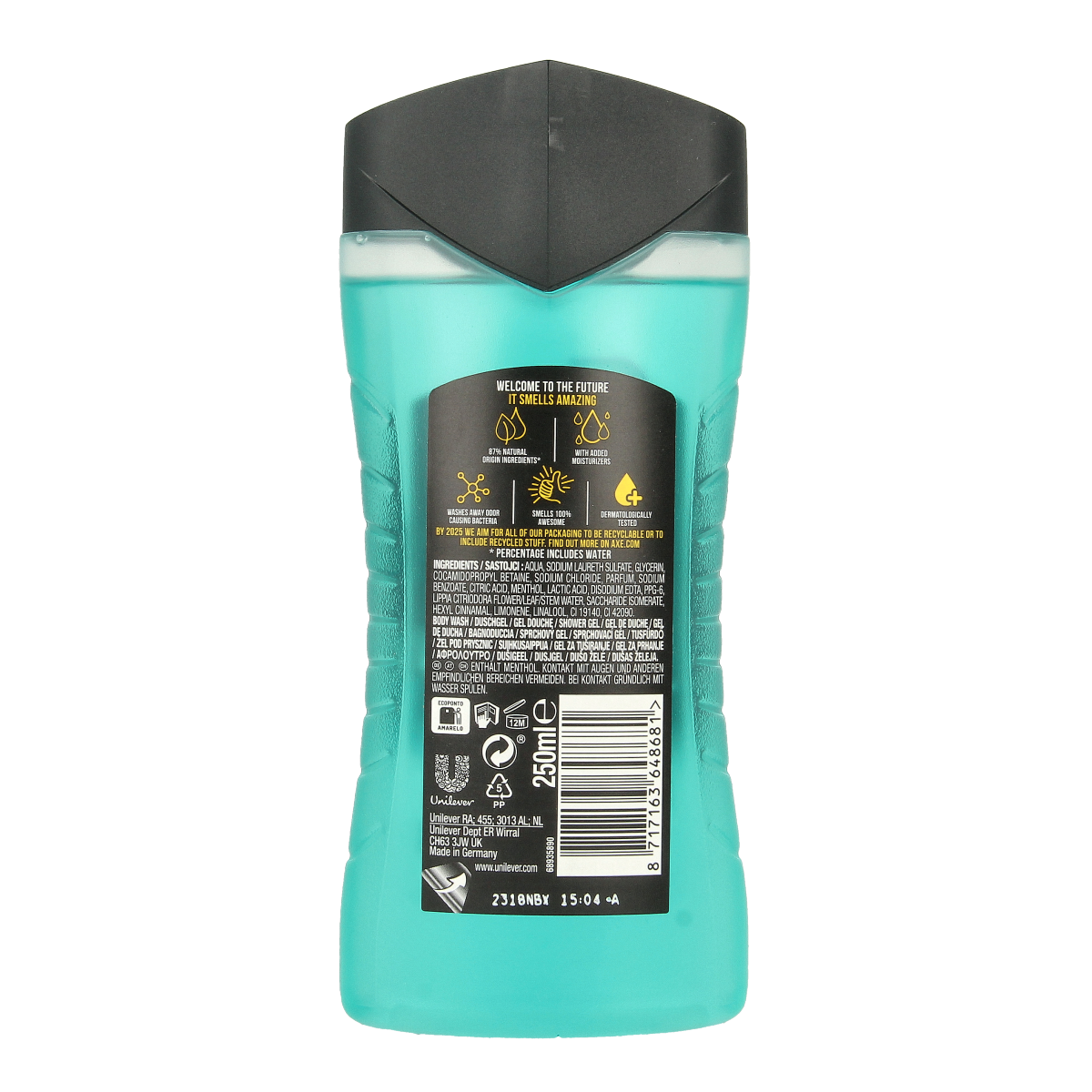 AXE Ice Chill shower gel bottle, 250ml, with blue and silver design, showcasing the AXE brand and product label.