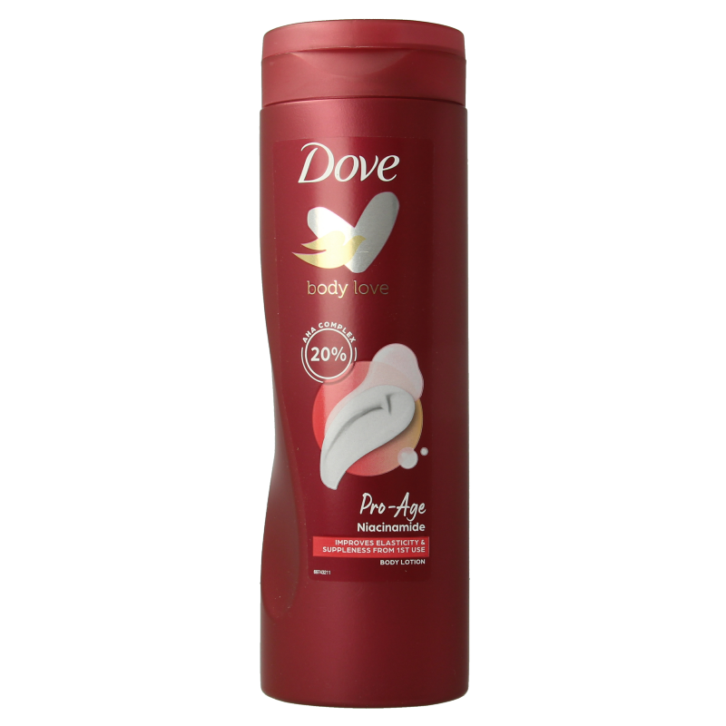 Dove Pro Age body lotion in 400ml bottle, smooth moisturizing body care product, creamy texture, white and blue packaging.