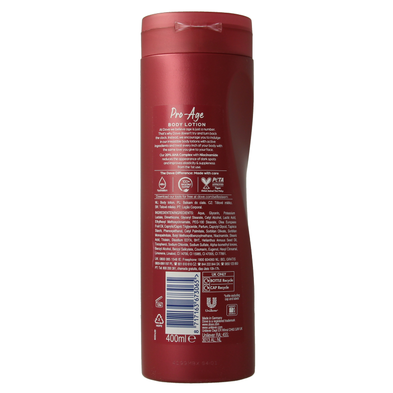 Dove Pro Age body lotion in 400ml bottle, moisturizing body care product with smooth, creamy texture and Dove branding.