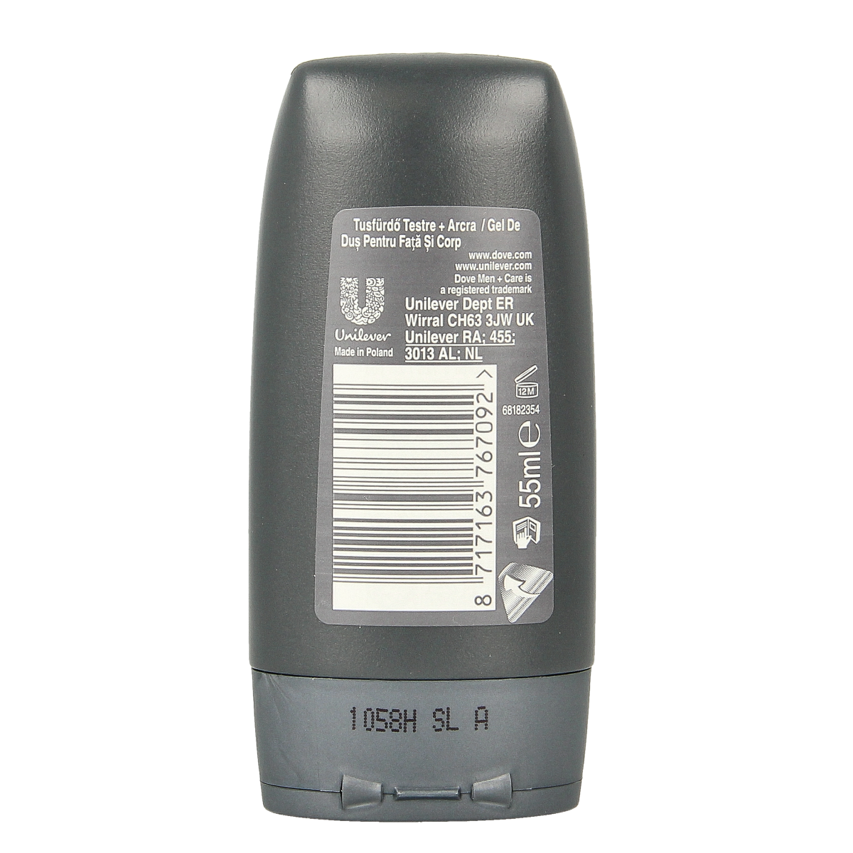 Dove Men+Care Clean Comfort shower gel in 55ml bottle, designed for a refreshing and soothing men's shower experience