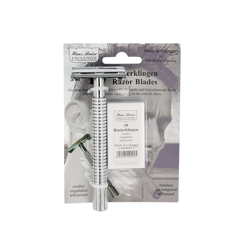 Hans Baier safety razor in chrome with blister pack of 10 replacement blades, a durable shaving instrument with precise blades.