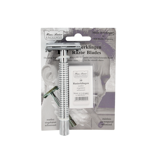Hans Baier safety razor in chrome with blister pack of 10 replacement blades, a durable shaving instrument with precise blades.