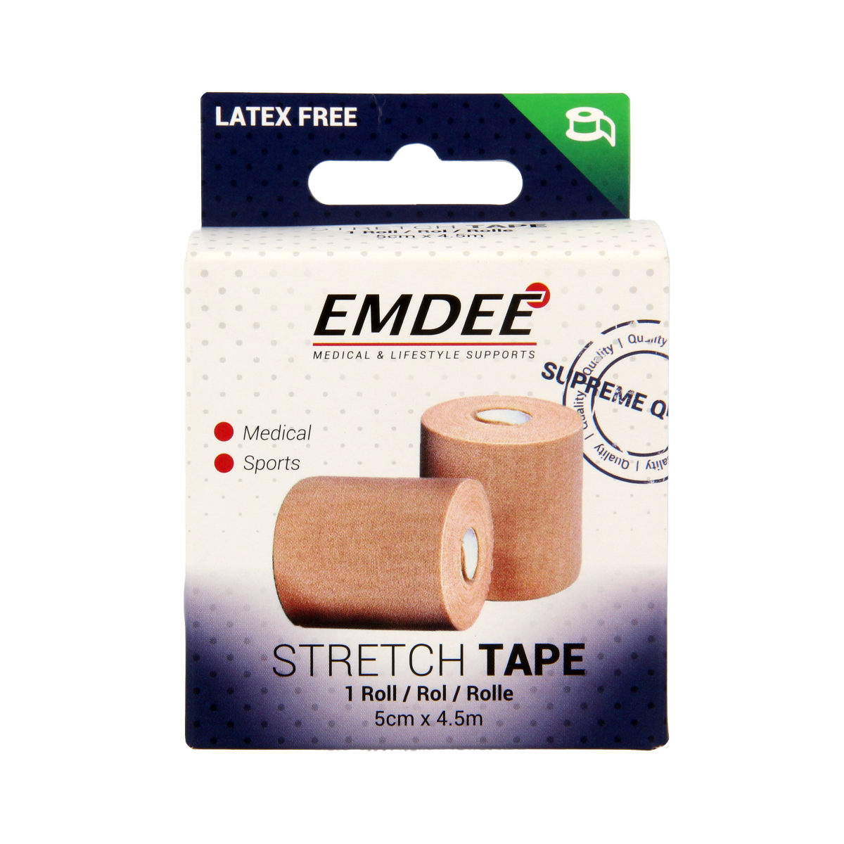 Emdee Easystretch sport tape 5cm x 4.5m, flexible athletic tape for sports injuries, shown on a white background.