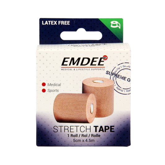 Emdee Easystretch sport tape 5cm x 4.5m, flexible athletic tape for sports injuries, shown on a white background.
