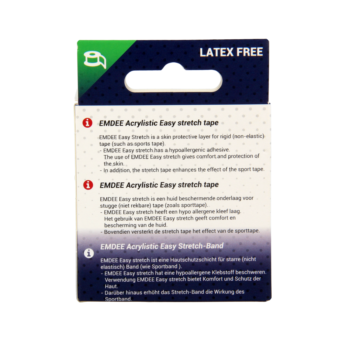 Emdee Easystretch sport tape 5cm x 4.5m for athletic support, shown in the image with one roll of blue medical tape.