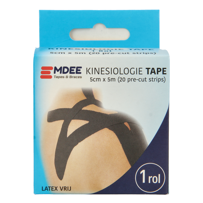 Emdee Kinesio tape zwart pre-cut sports tape on a white background, designed for muscle support and injury prevention