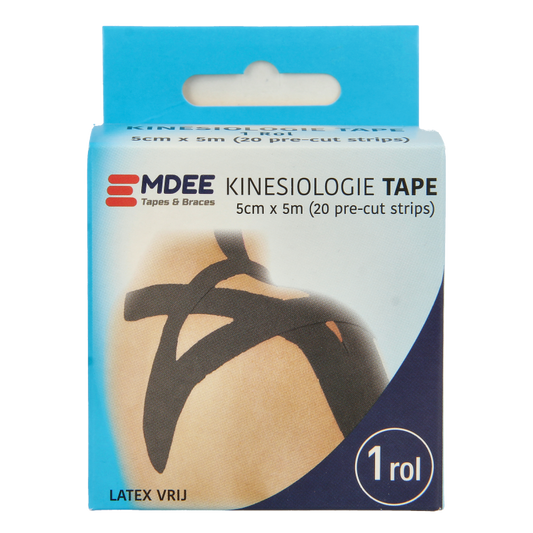 Emdee Kinesio tape zwart pre-cut sports tape on a white background, designed for muscle support and injury prevention