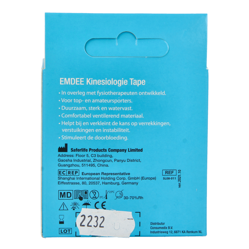 Black Emdee Kinesio tape pre-cut sport tape on a white background, showcasing the 1-stuk kinesiology tape for sports injuries.
