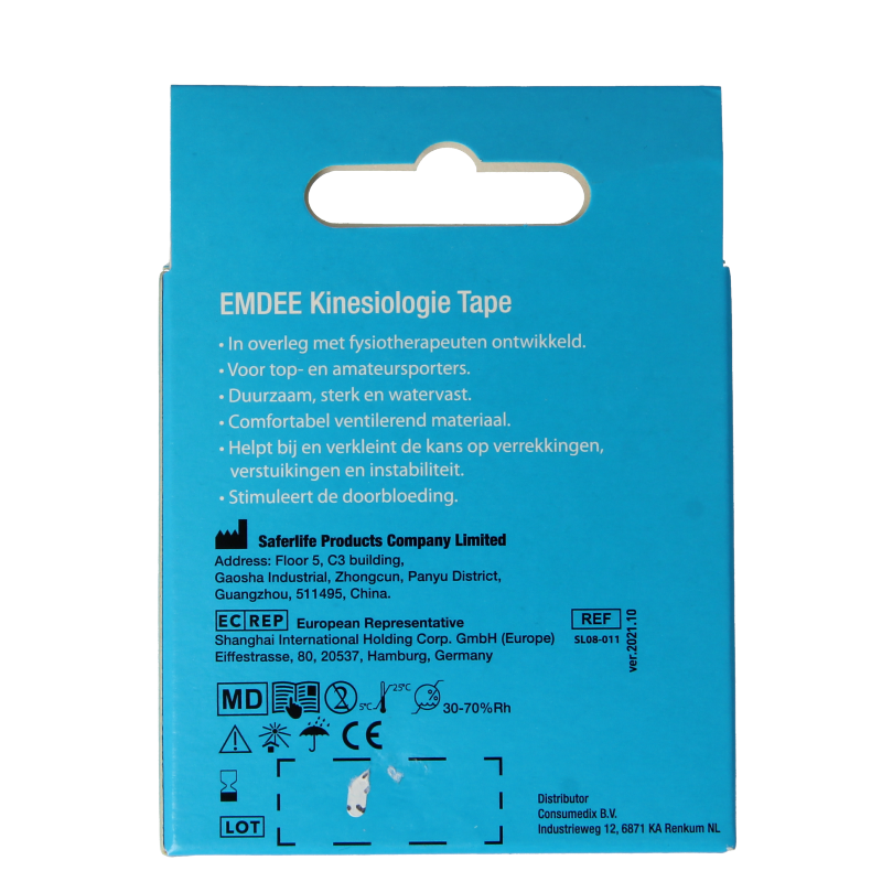 Blue Emdee Kinesio tape pre-cut for sports, designed for muscle support and injury prevention, shown on a plain background.