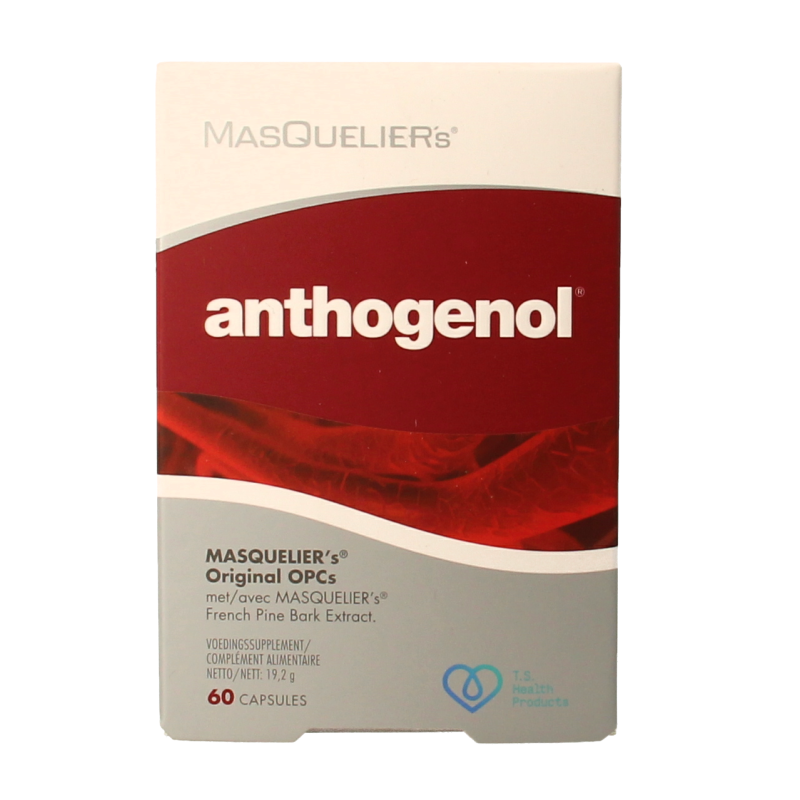 Bottle of Masqueliers Anthogenol 60 capsules, herbal supplement in a white container with a label, on a white background.