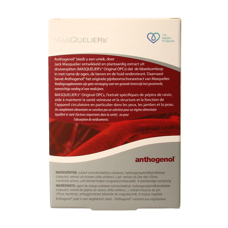 Masqueliers Anthogenol 60 capsules herbal supplement in a white bottle with a green label, designed for health and wellness.