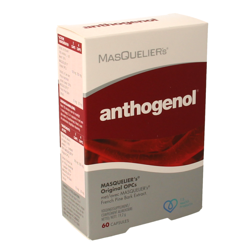 Masqueliers Anthogenol 60 capsules in a bottle, herbal supplement for antioxidant support and overall wellness.