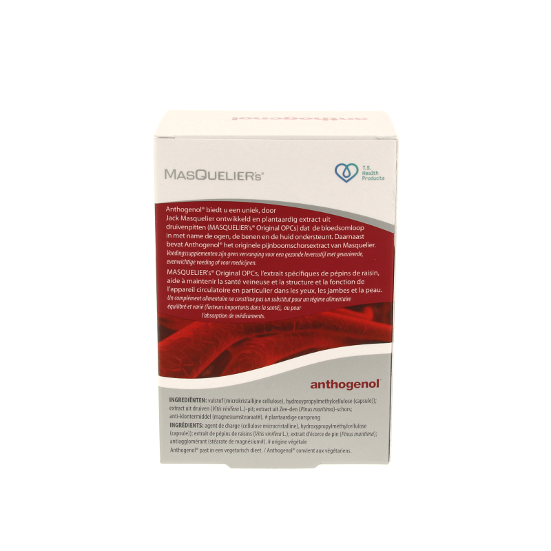 Masqueliers Anthogenol 120 capsules, herbal supplement in a plastic bottle with a white label and capsules inside.