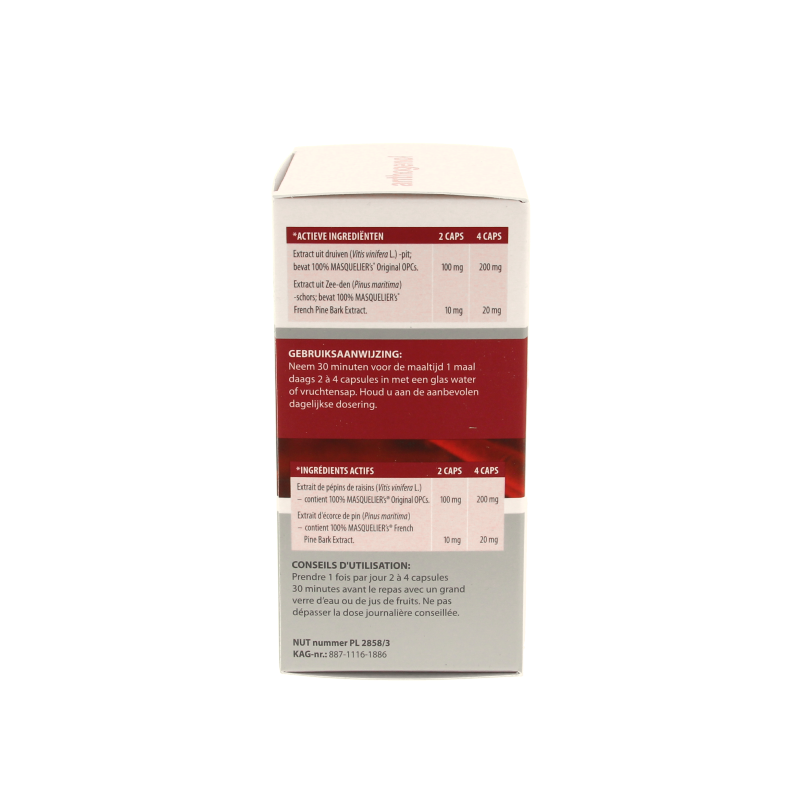 Masqueliers Anthogenol 120 capsules of herbal supplement with antioxidant properties, shown in black bottle with label.