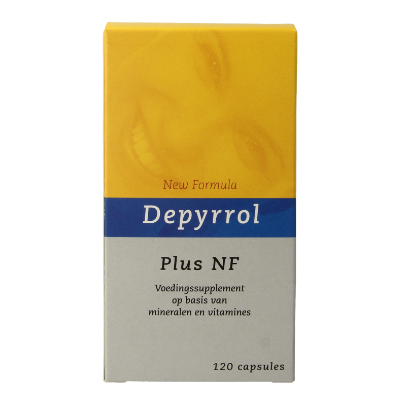 Depyrrol Plus NF mineral multivitamin capsules in vegetarian form, displayed in a clear container with capsules visible.