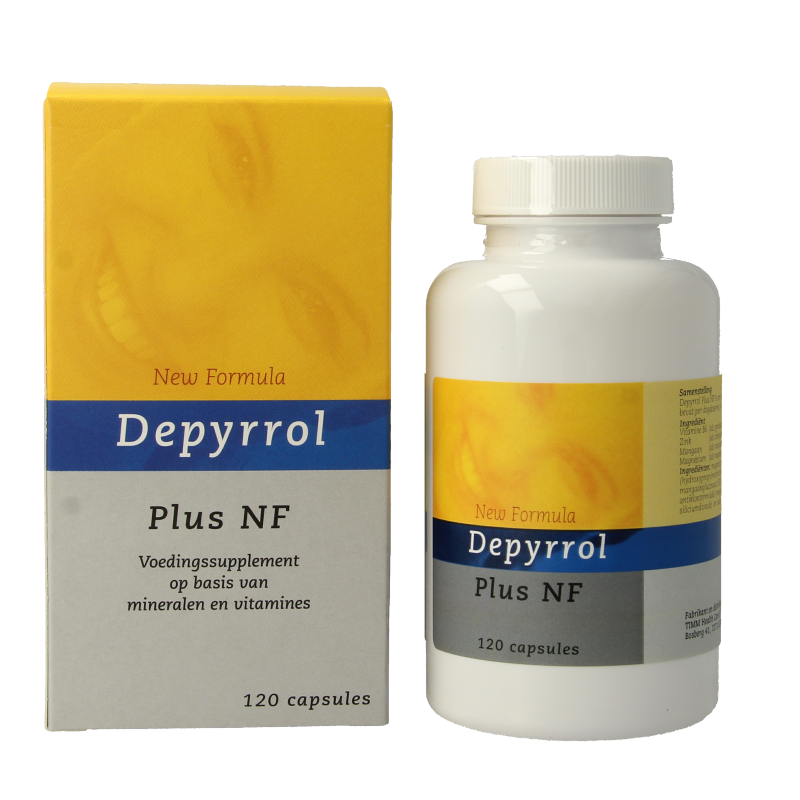 Depyrrol Plus NF mineral multivitamin capsules in a bottle, vegetarian dietary supplement, with a focus on healthy mineral intake.