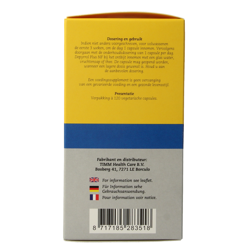 Depyrrol Plus NF mineral multivitamin capsules in vegetarian form, showing a bottle of Depyrrol mineral supplements.