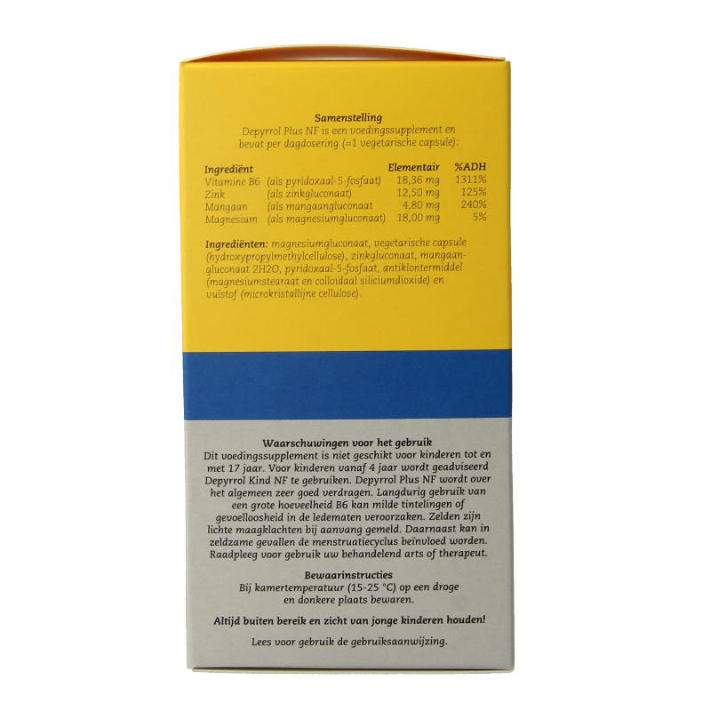 Depyrrol Plus NF mineralen multivitamine capsules,vegetarische supplement in blister pack, close-up of capsules with label.