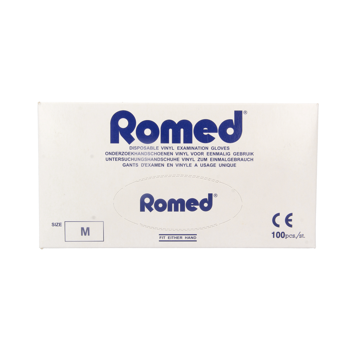 Romed vinyl non-sterile, powdered medical gloves in size M, pack of 100, for protective medical use.