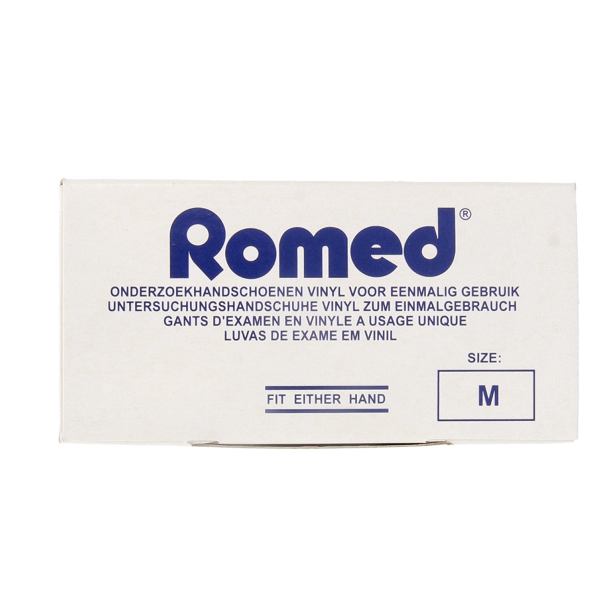 Pair of Romed vinyl non-sterile powdered medical gloves in size M, shown in a box of 100 pieces.