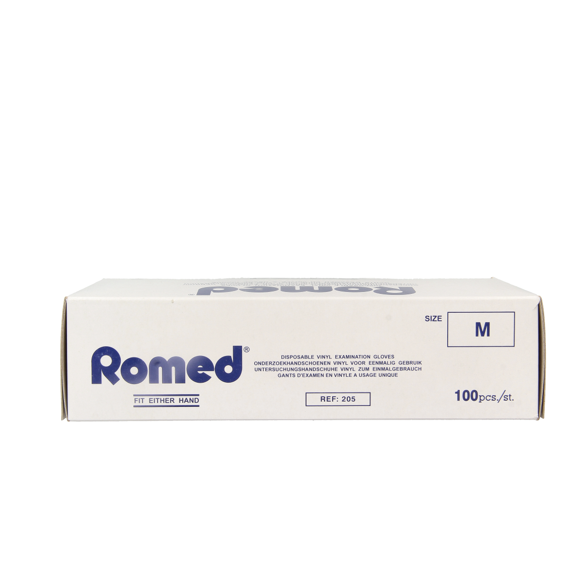 Pair of Romed non-sterile, powder-free vinyl medical gloves in size M, shown in a box of 100 pieces.
