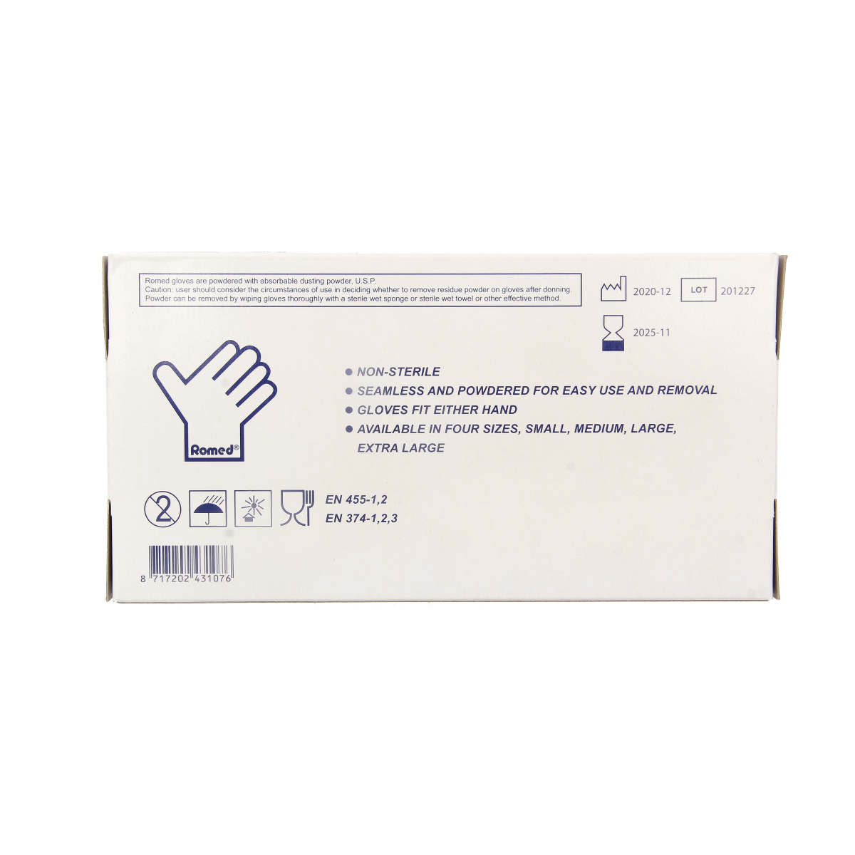 Romed vinyl non-sterile powdered medical gloves size M, pack of 100, disposable protective handwear for medical use.