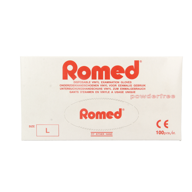Romed vinyl disposable medical gloves, powder-free, non-sterile, size L, 100 pieces, protective handwear for healthcare use