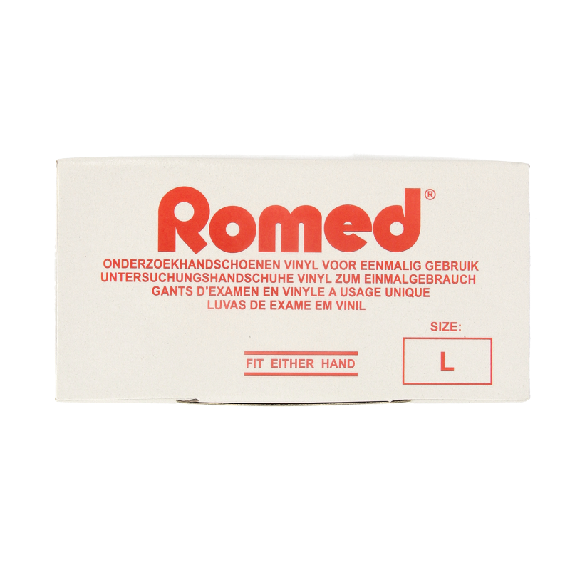 Romed vinyl non-sterile powder-free medical gloves, size L, 100-piece box, protective handwear for healthcare use