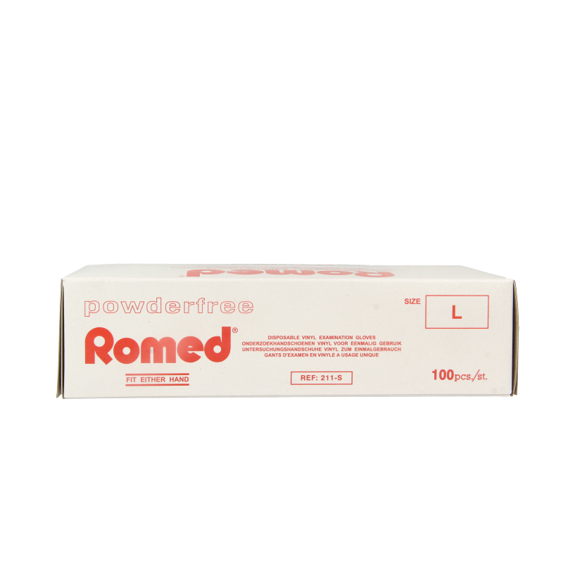 Romed vinyl non-sterile powder-free medical gloves, size L, 100 pieces, protective handwear for medical use.