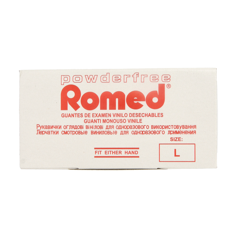 Romed vinyl disposable medical gloves, non-sterile, powder-free, size large, 100 pieces, protective medical handwear.