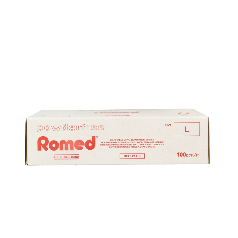 Romed vinyl non-sterile powder-free medical gloves, size large, 100 pieces, disposable protective handwear.