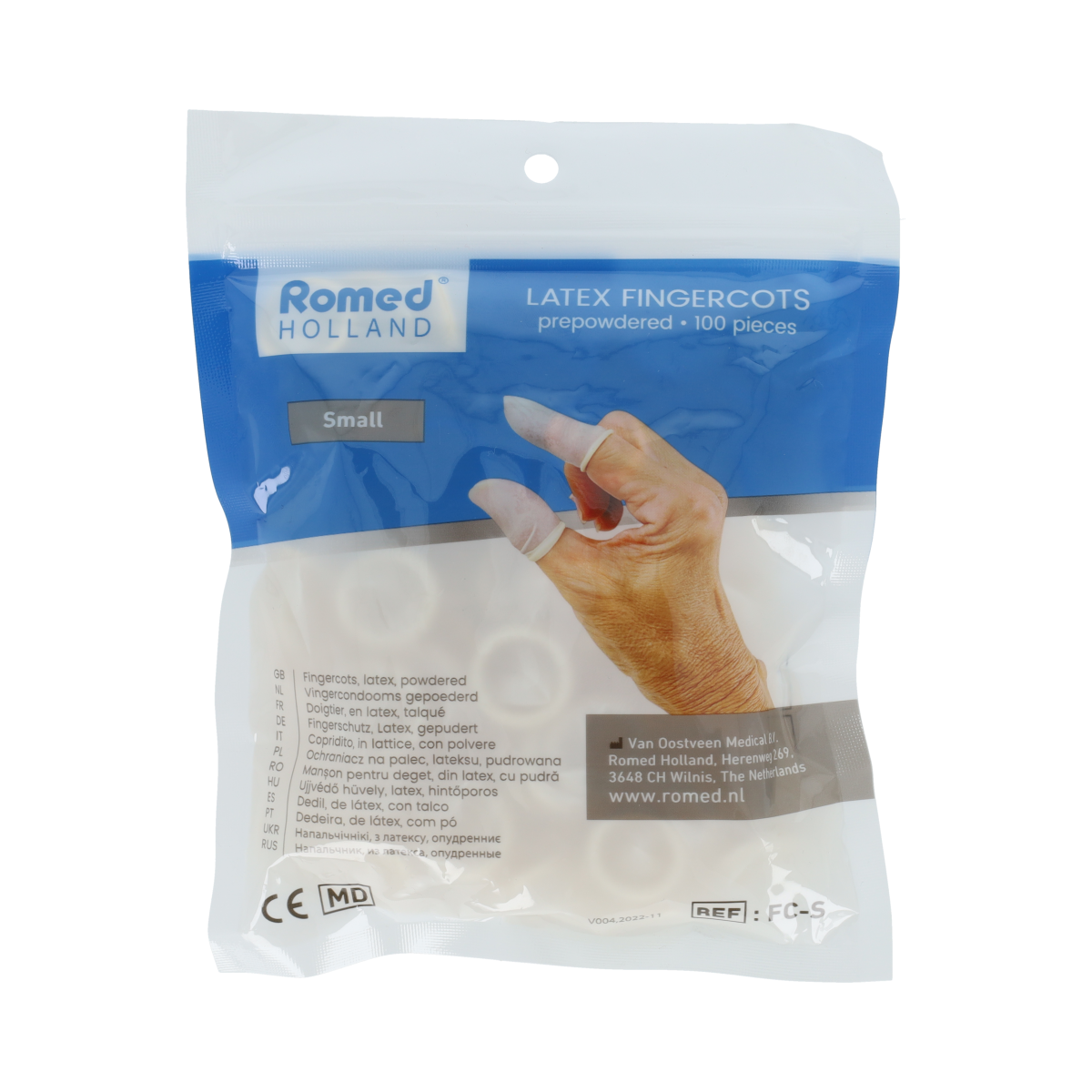 Romed latex finger cots in size S, shown in a box of 100, used for medical protection and hygiene.