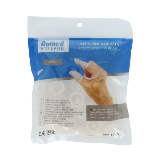 Romed latex finger cots in size S, shown in a box of 100, used for medical protection and hygiene.