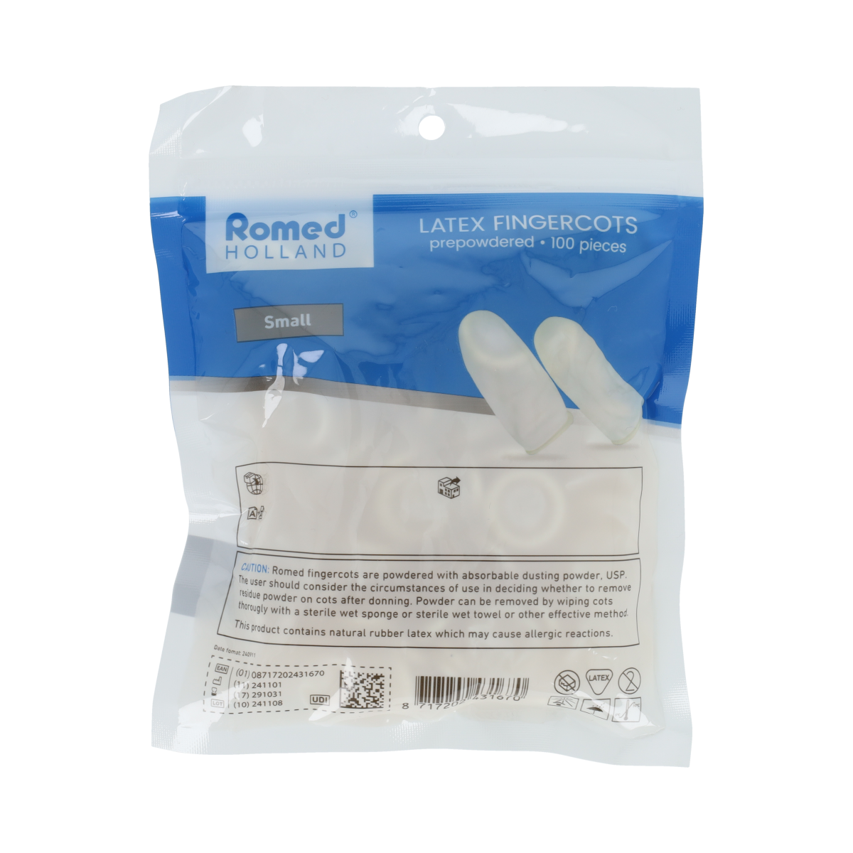 Box of Romed latex finger cots in size S, 100 pieces, designed for medical gloves and protective clothing.