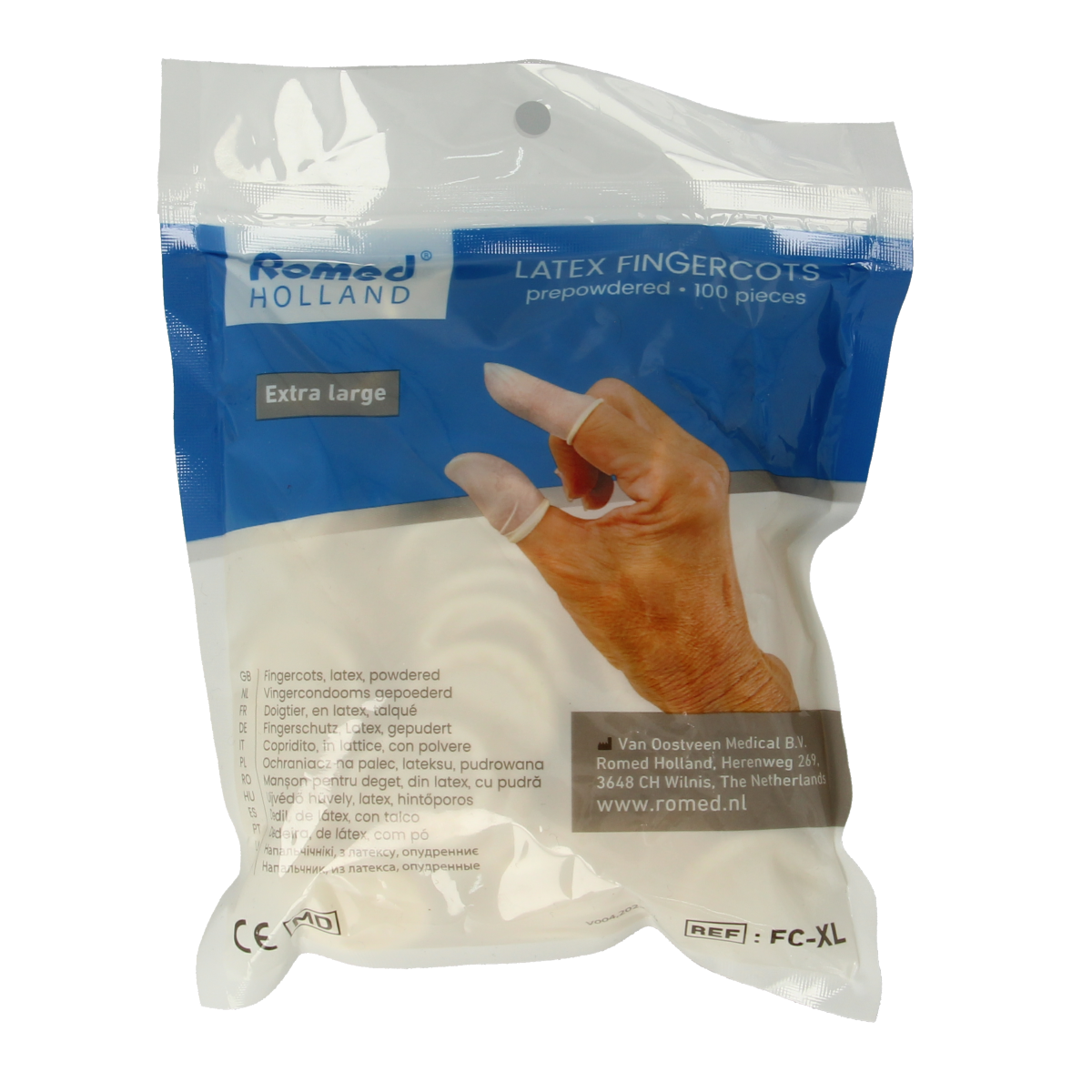 Romed Vingercondooms latex XL, medical gloves and protective clothing, 100 pieces, shown in a box with gloves.