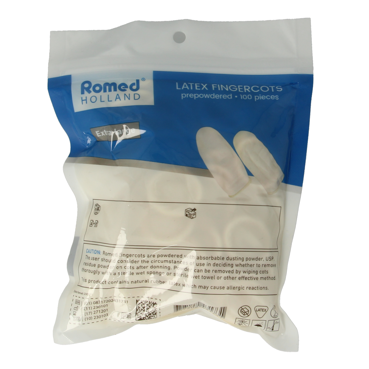 Romed latex XL finger condoms in a pack of 100, used for medical protection and personal hygiene.