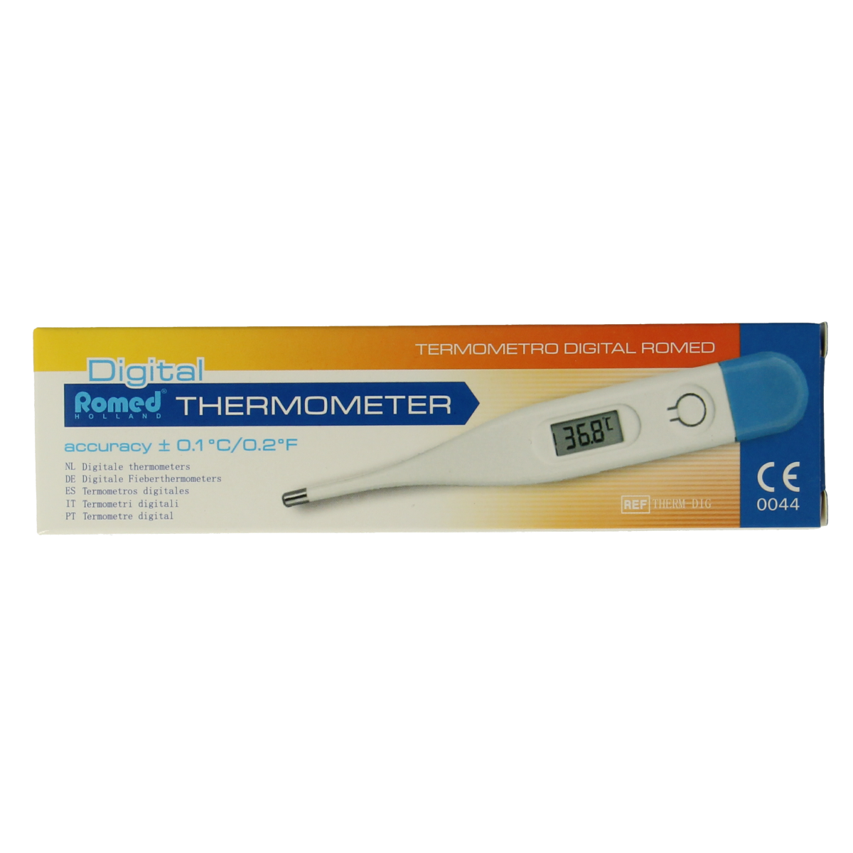 Romed digital thermometer displaying temperature reading in a sleek design, suitable for medical or household use.
