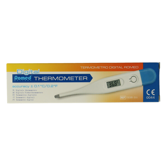 Romed digital thermometer displaying temperature reading in a sleek design, suitable for medical or household use.