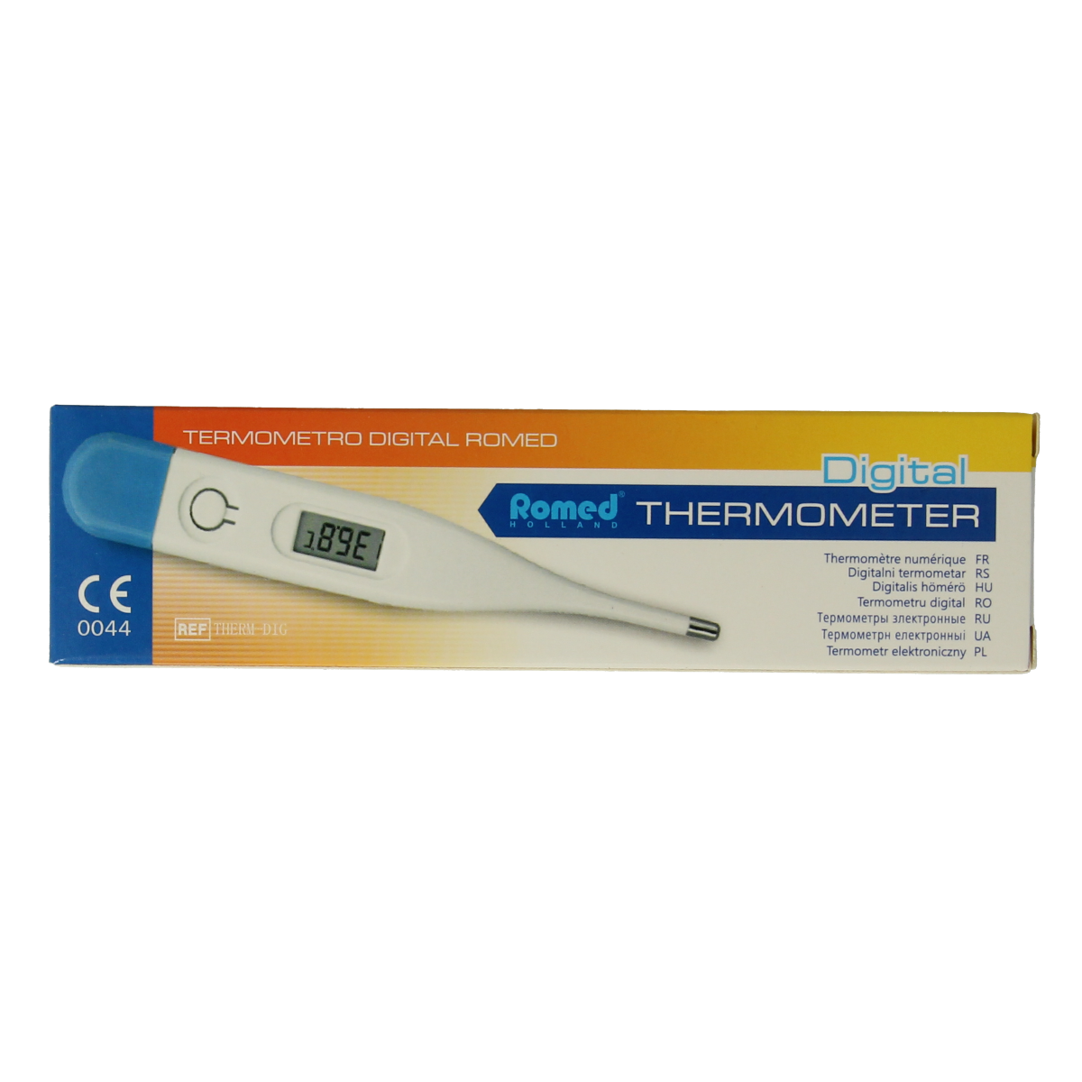 Digital thermometer by Romed showing a screen display, used for accurate body temperature measurement.