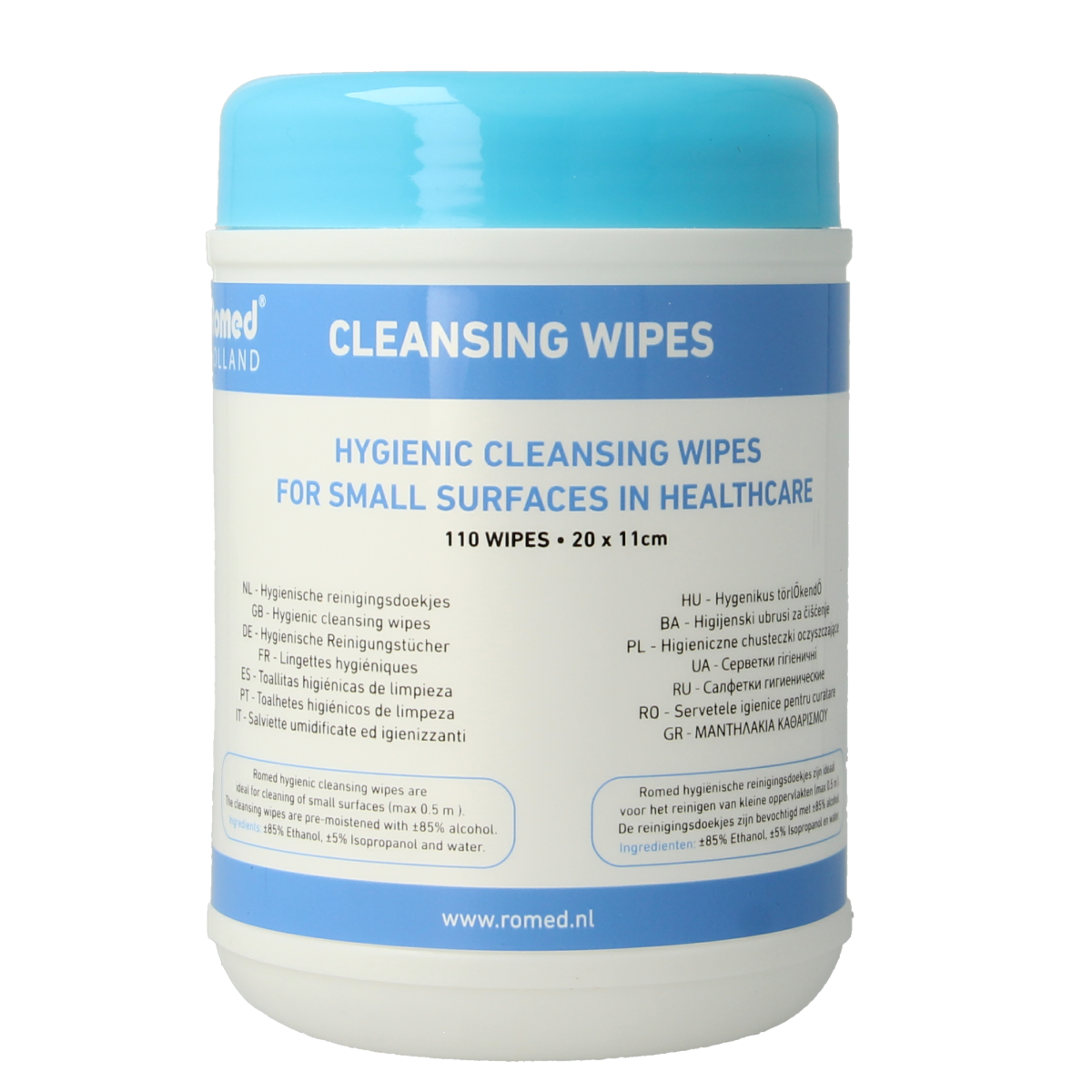Romed alcohol doekjes dispenser with 110 wipes, white plastic container for cleaning and disinfecting surfaces.