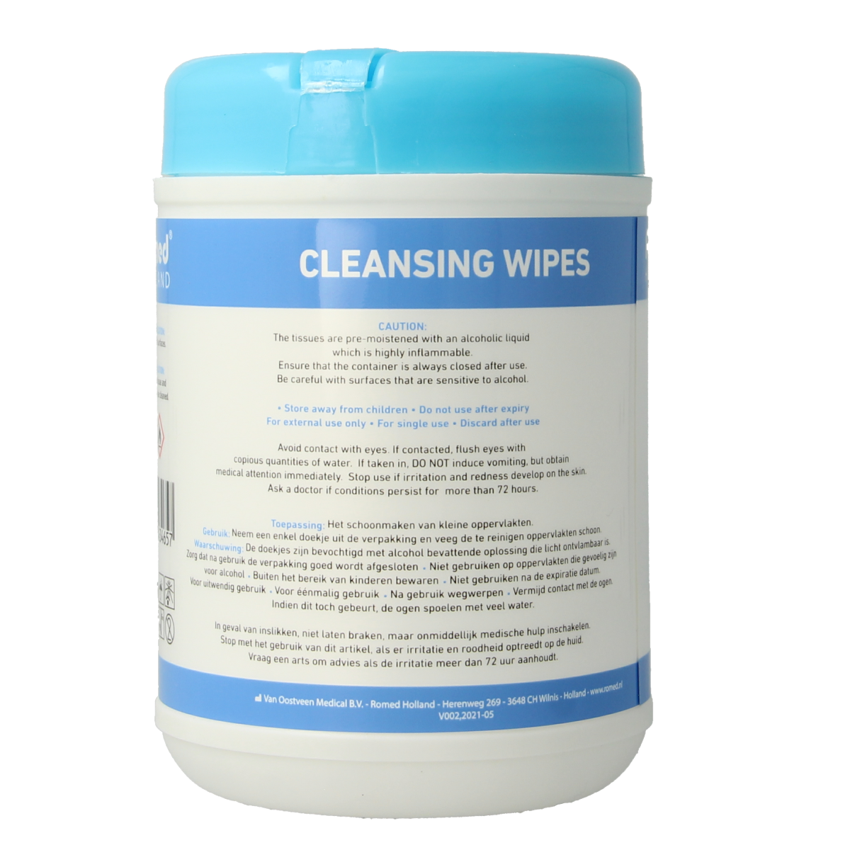 Romed alcohol doekjes dispenser for cleaning, with 110 disposable alcohol wipes, in a compact, easy-to-use design.