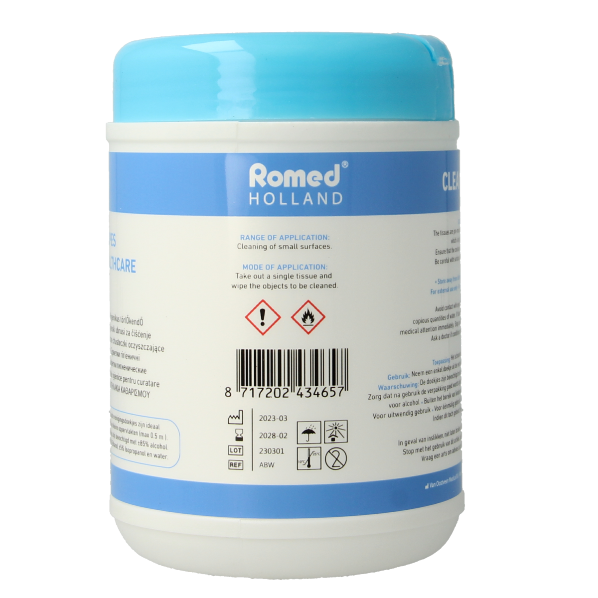 Romed alcohol doekjes dispenser with 110 wipes, compact cleaning supplies container for disinfectant alcohol wipes.