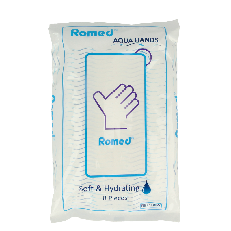 Set of 8 Romed moist washcloths for body care, soft and hygienic, suitable for daily cleansing and skin refreshment.
