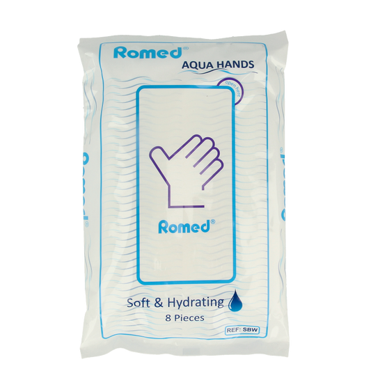 Set of 8 Romed moist washcloths for body care, soft and hygienic, suitable for daily cleansing and skin refreshment.