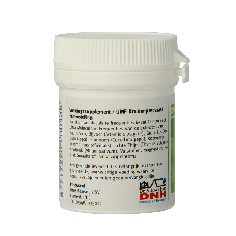 DNH Gontoxa multiplant herbal supplement tablets, natural kruidenpreparaten, in a blister pack with multiple tablets visible.