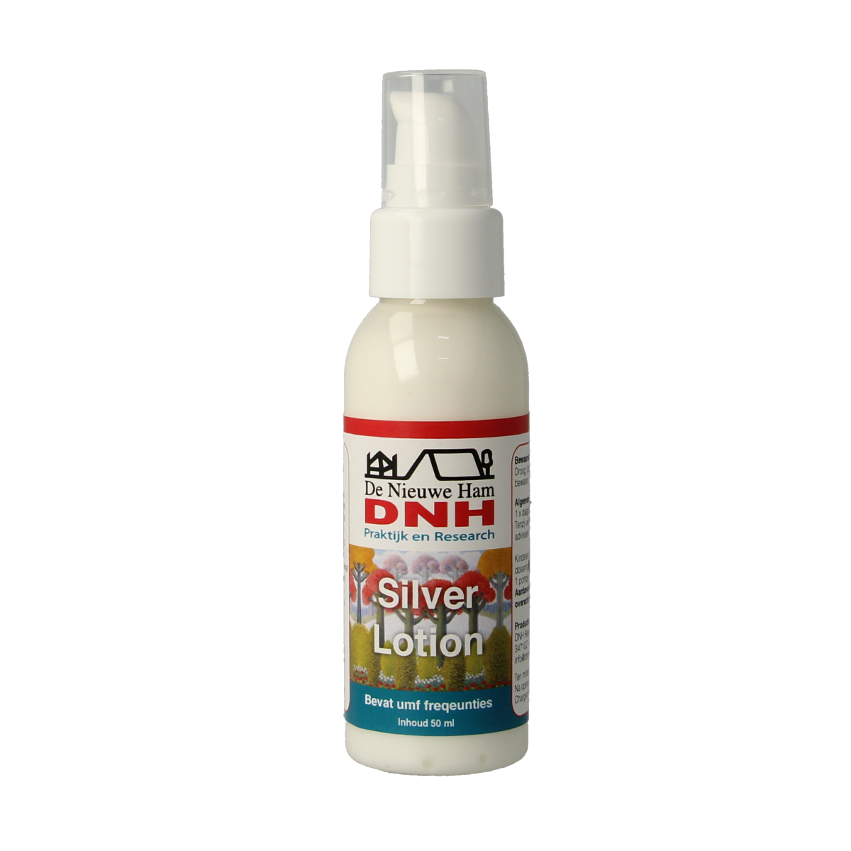 DNH Silver lotion 50ml bottle for body care, featuring sleek silver packaging and a pump dispenser.