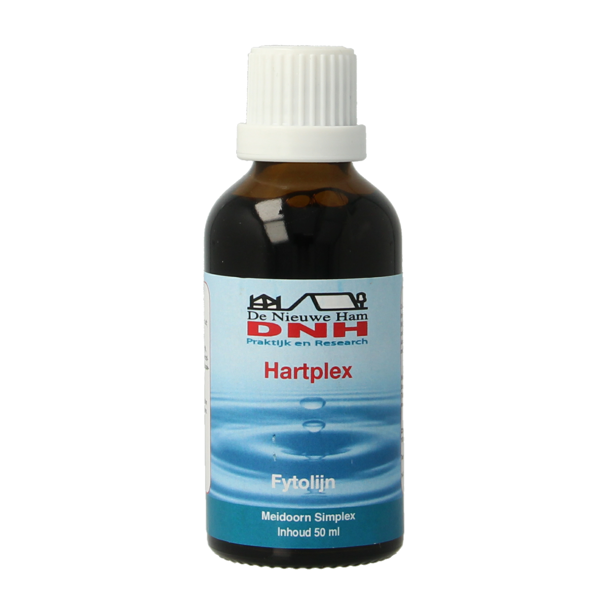 Bottle of DNH Hartplex tinctuur herbal supplement in a 50ml dropper bottle, labeled with herbal ingredients and DNH branding.