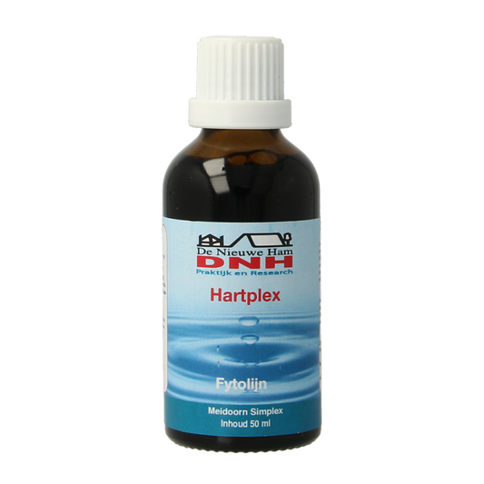 Bottle of DNH Hartplex tinctuur herbal supplement in a 50ml dropper bottle, labeled with herbal ingredients and DNH branding.