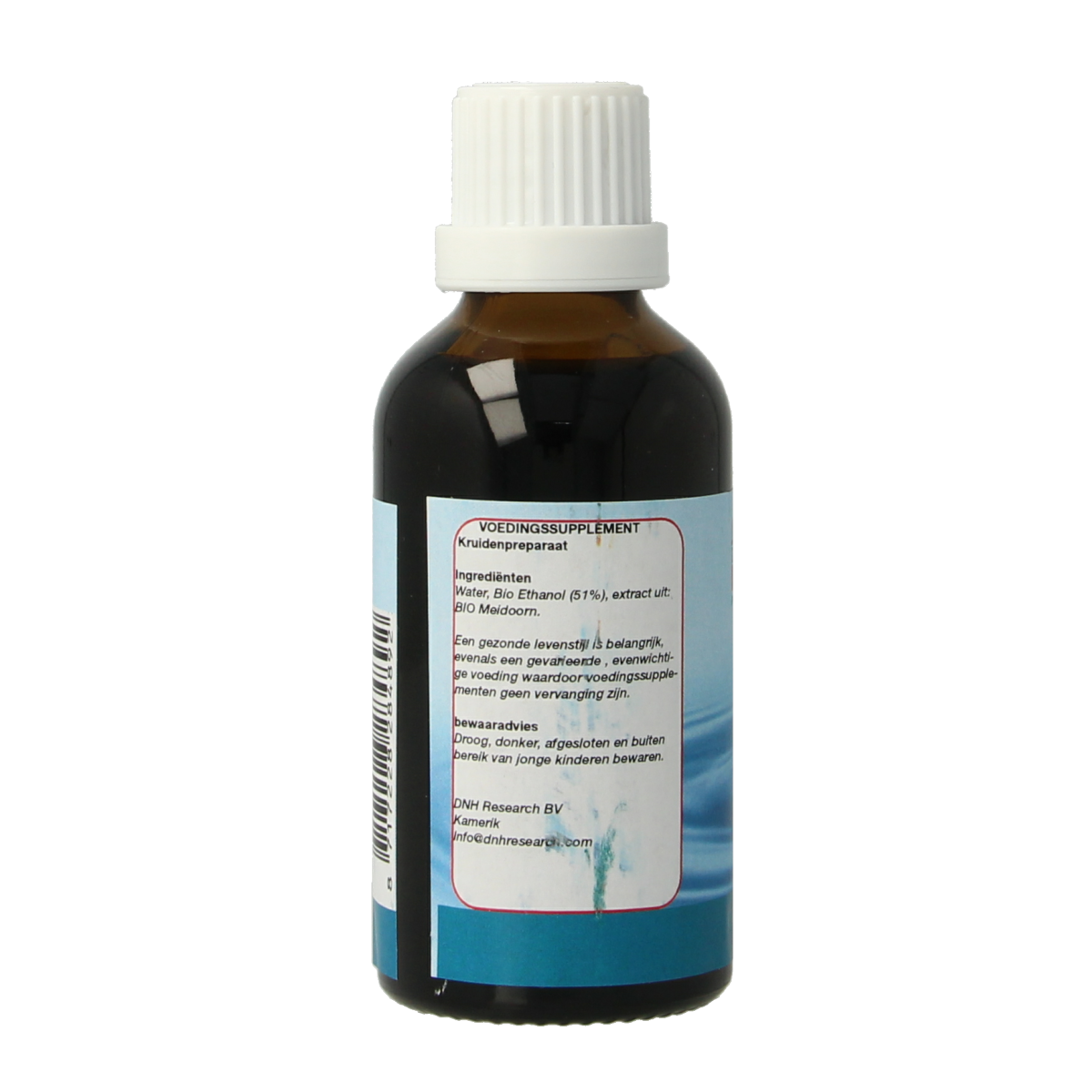 DNH Hartplex tinctuur in 50ml bottle, herbal supplement from DNH brand, with a dark amber liquid inside a glass container.