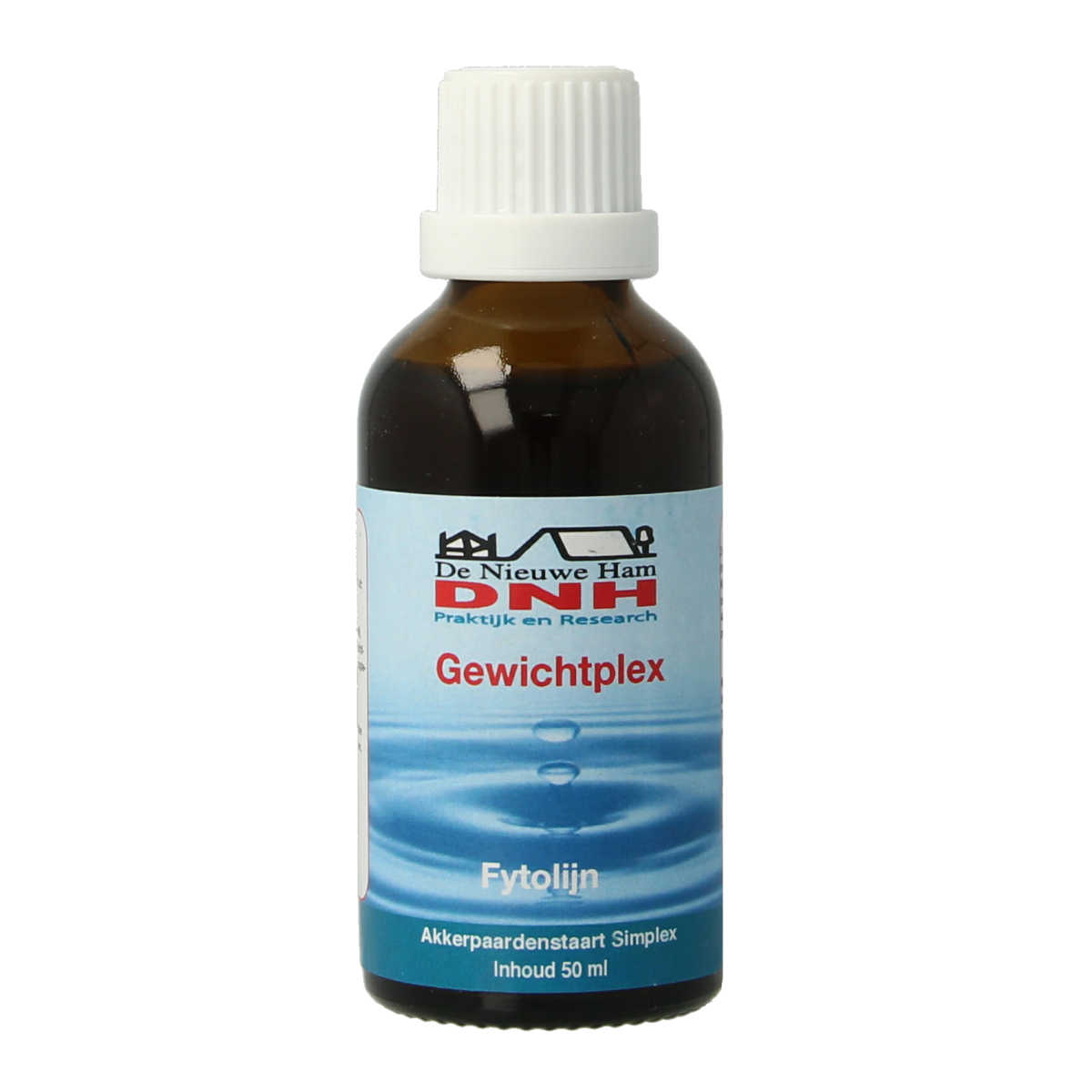 Bottle of DNH Gewichtplex tinctuur herbal supplement in 50ml bottle, featuring a label with botanical illustrations.